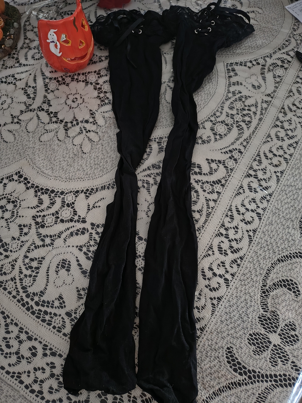 Retro Rare Black Lace Bow Thigh High Stockings Costume Cosplay Gothic